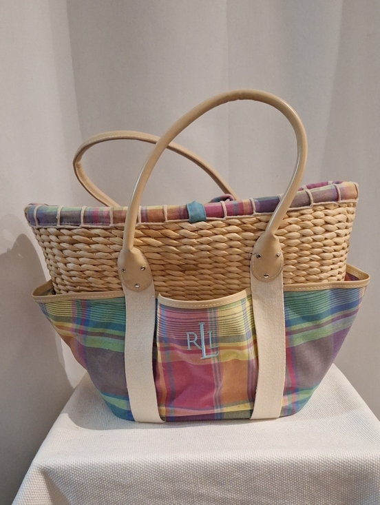 Ralph Lauren Handbags - Ralph Lauren Pastel Plaid Straw-Top BeachTote